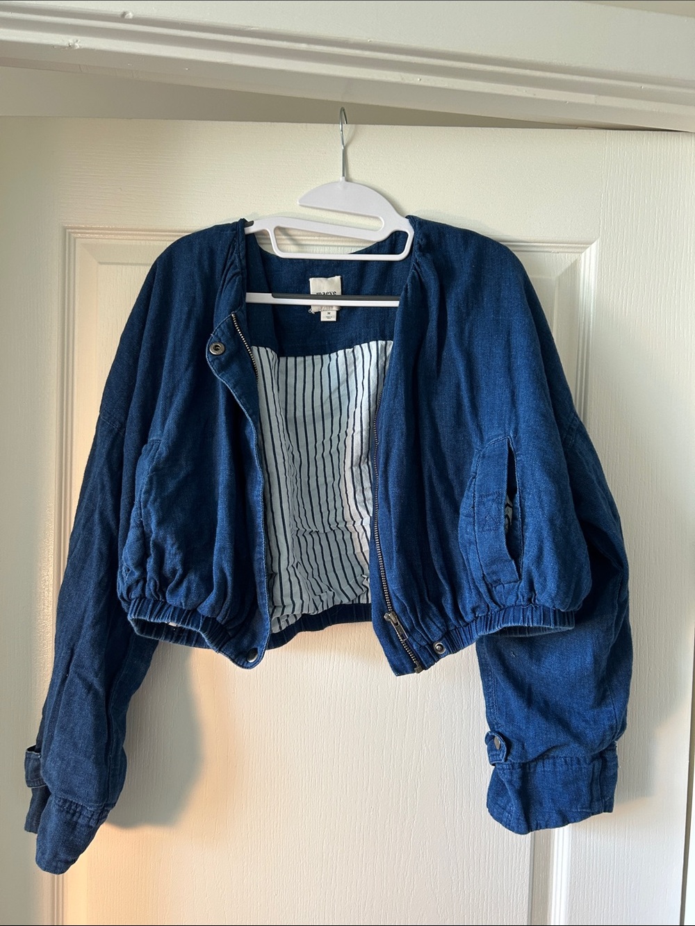 Anthropologie Maeve Indigo Cropped Jean Bomber Jacket